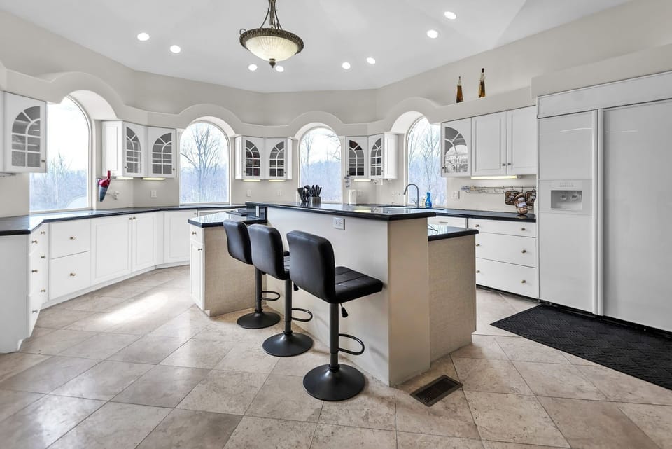 Indoors, Kitchen, Floor, Kitchen Island, Chandelier