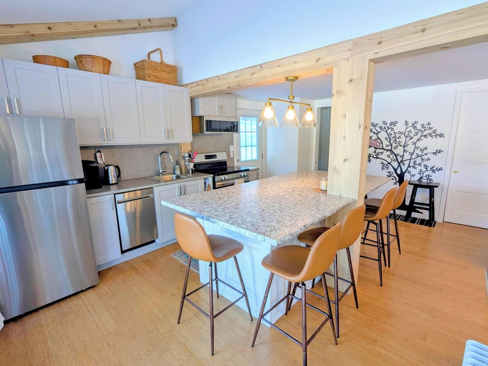 Newly renovated kitchen with large island with seating for up to 8 people