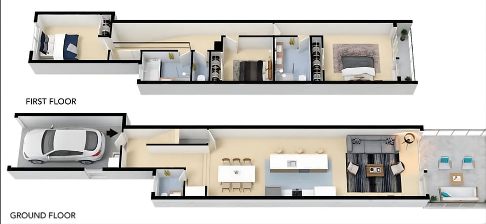 Floor Plan: Lower level: carapace in driveway, single lock up garage, guest powder room, entry, dining, kitchen, lounge room, through to the deck and private tropical garden.  Level 1: 3 large bedrooms, ensuite, main bath, separate toilet, private balcony.
