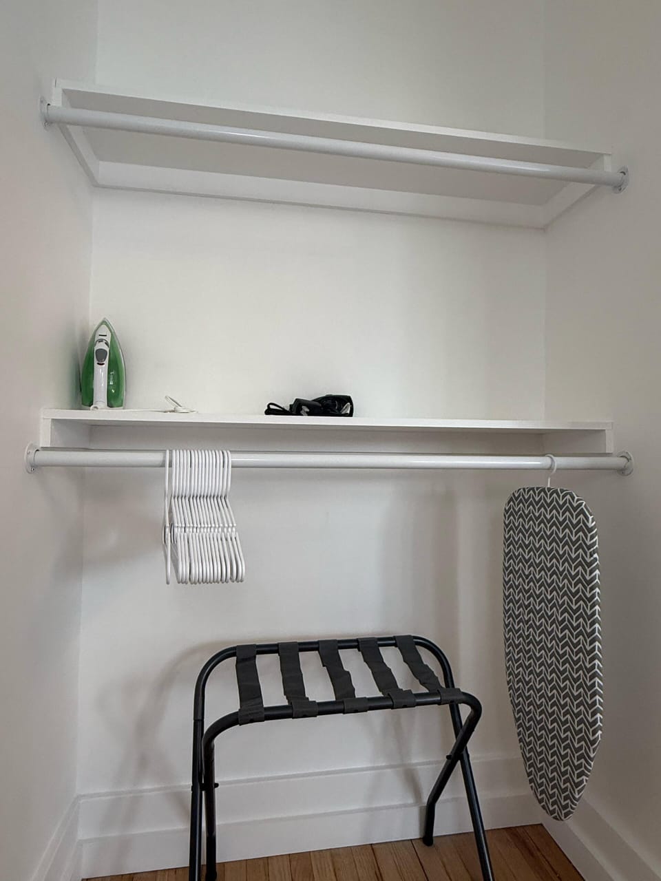 A iron stand and iron provided during your stay 