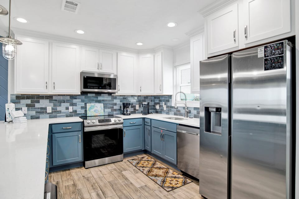 Stainless steel appliances and stone counters
