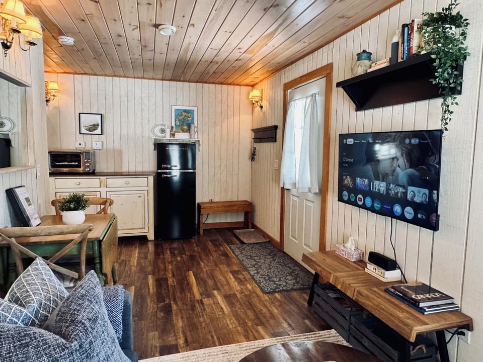 View of entrance to the cottage. Heated floors throughout make it cozy all year.