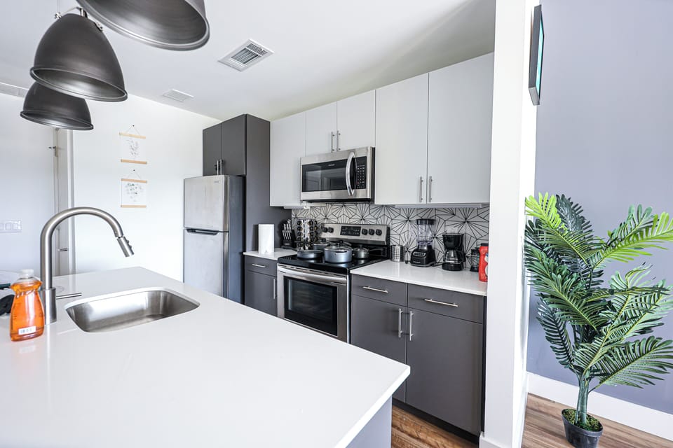 A welcoming kitchen with ample counter space.

