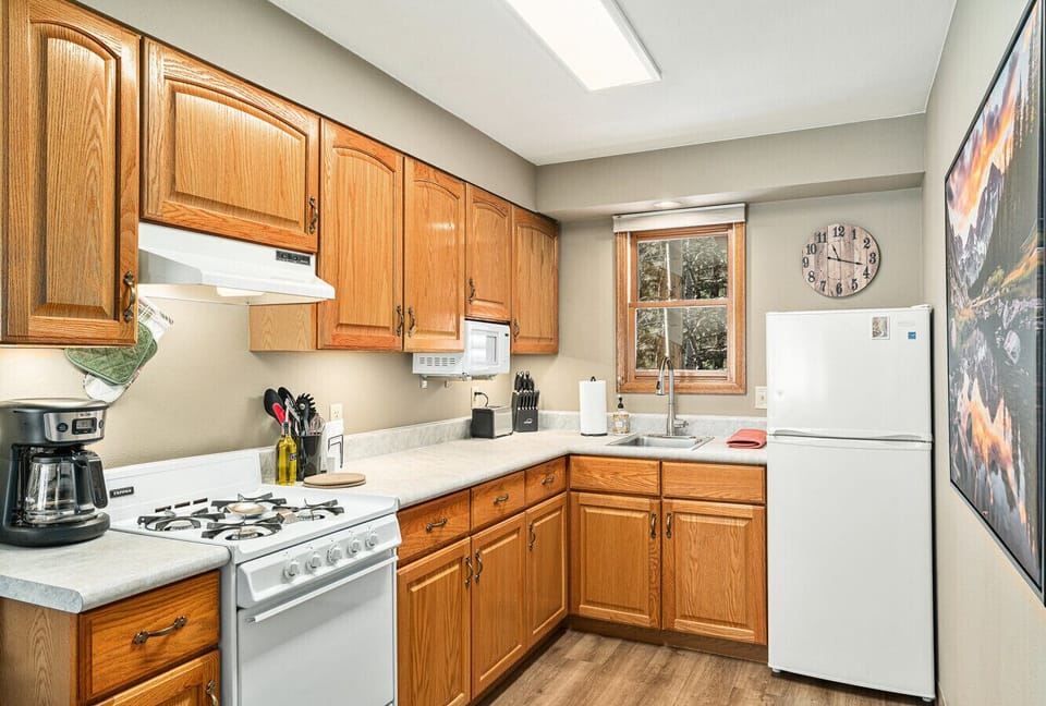 You`ll find all the necessary supplies for cooking and eating in the kitchen, including spices, oils, baggies, foil, Saran wrap, and more.