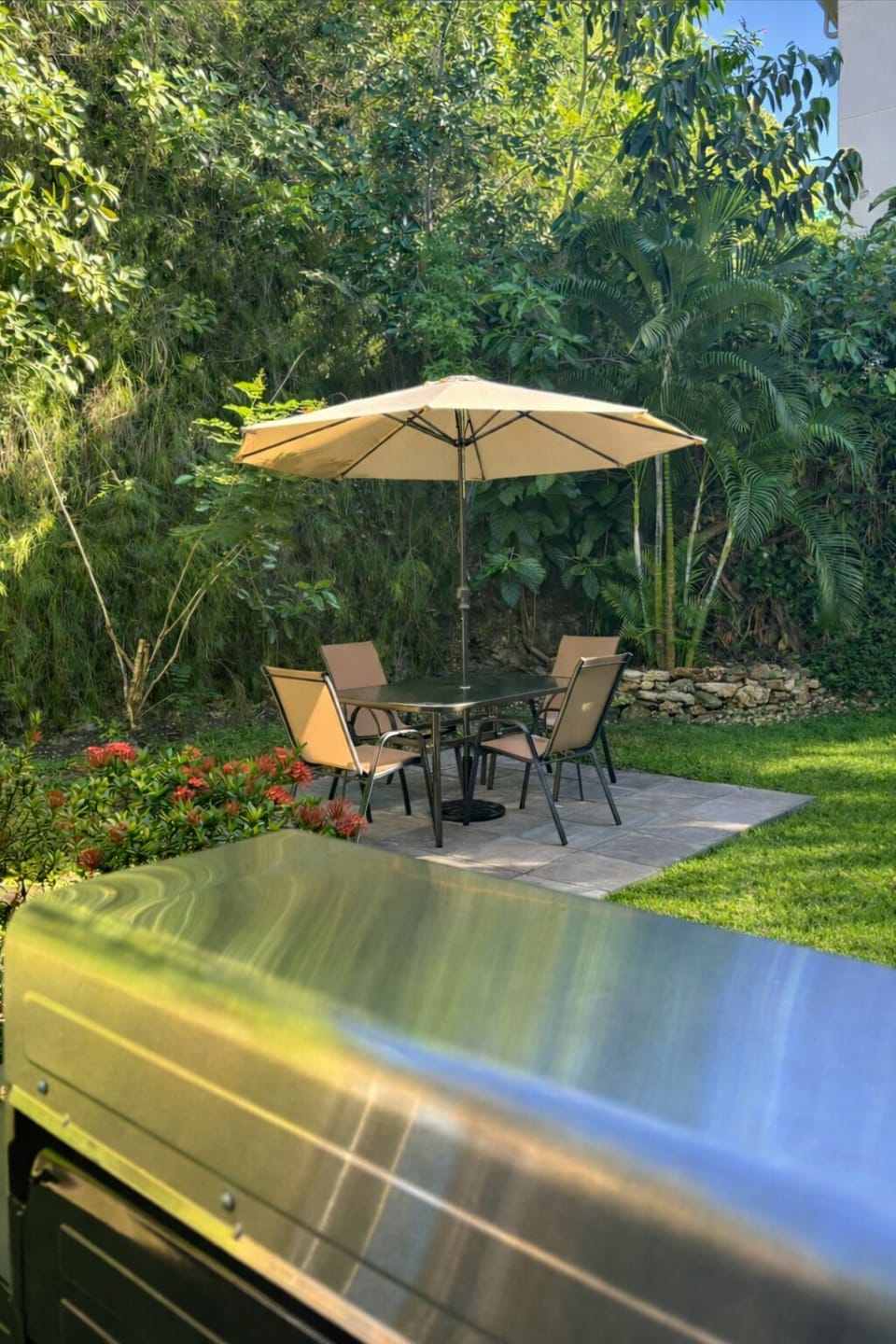 Patio set and barbecue