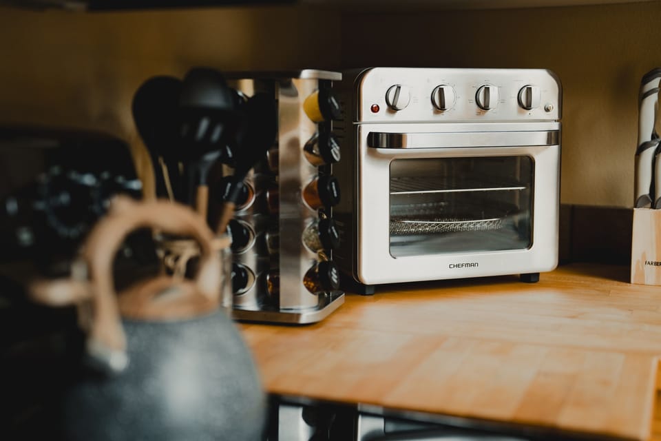 Full spice rack, kettle and toaster oven