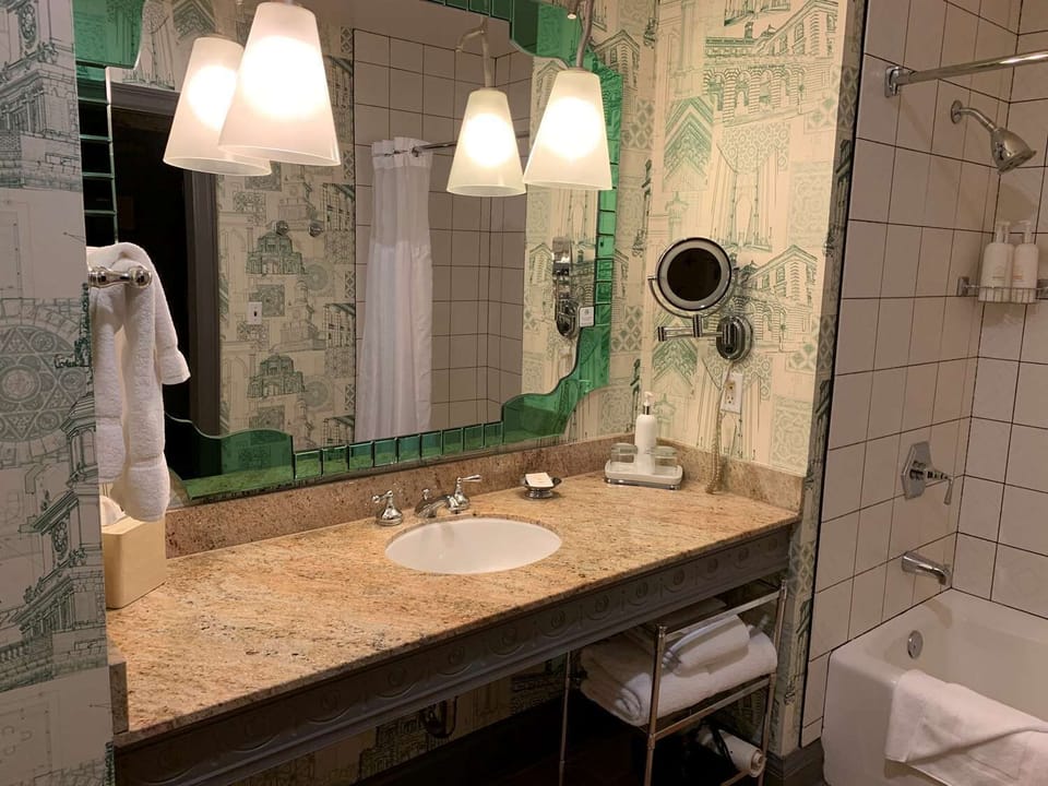 Full bathroom with a shower. Basic toiletries and towels are provided