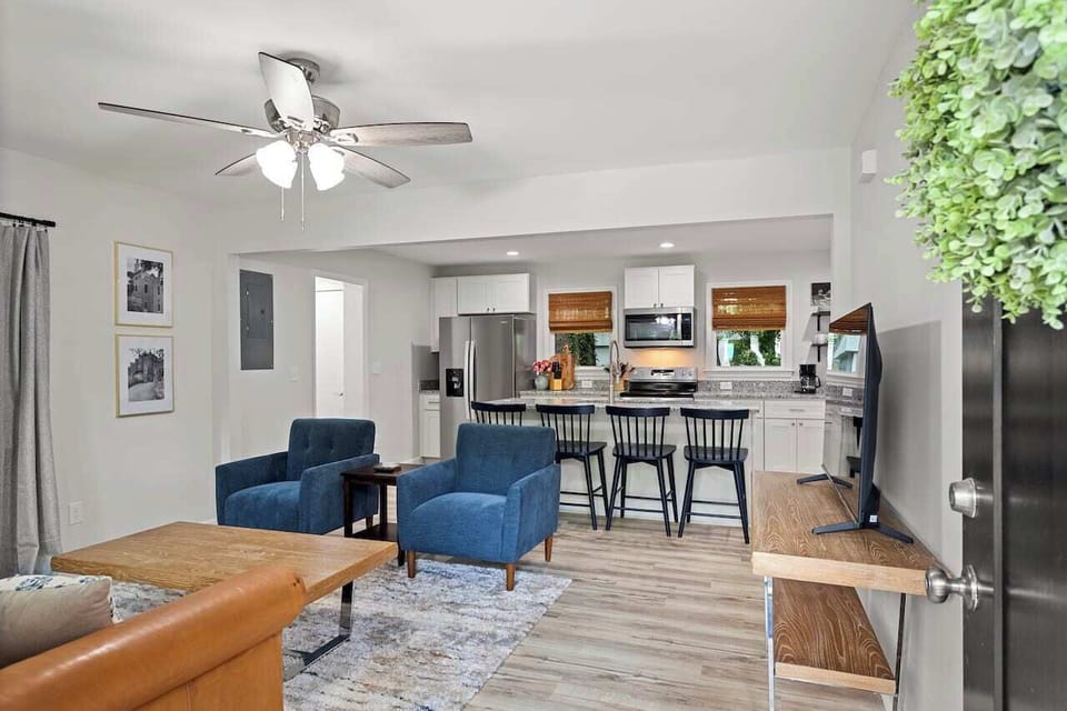 View of the open living room and eat in kitchen