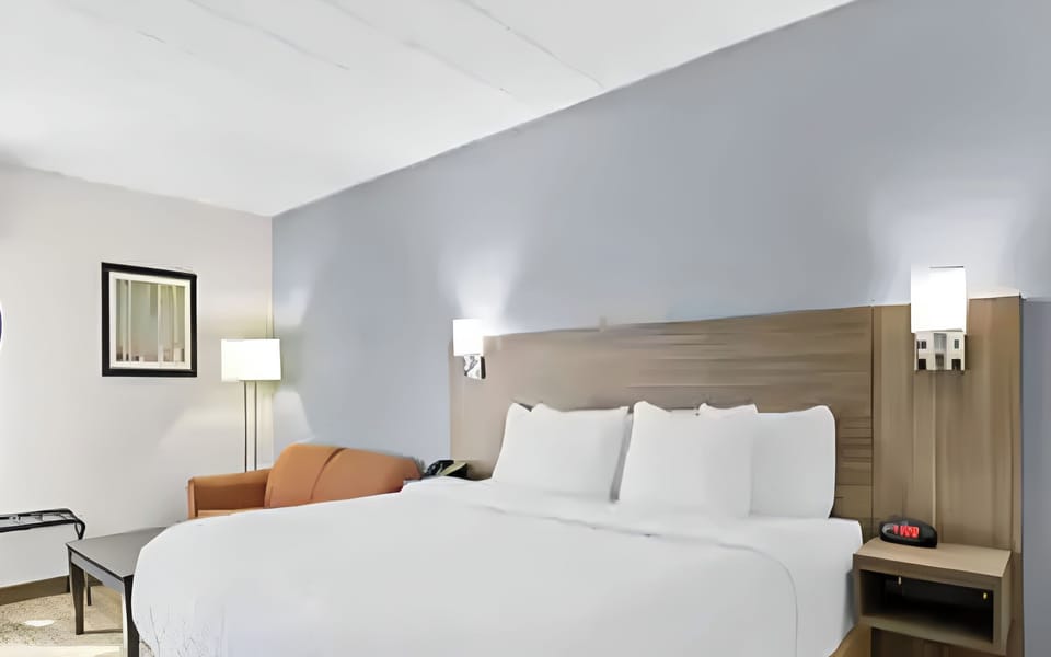 Stretch out on a modern king bed with warm lighting.