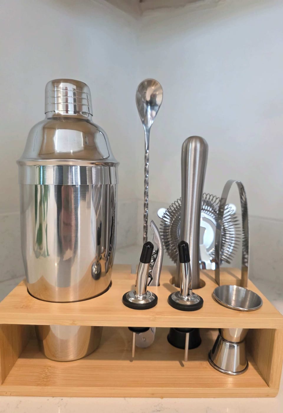 Bar tools and glassware
ready for cocktails,
wine, or whiskey.
Perfect for a night in.