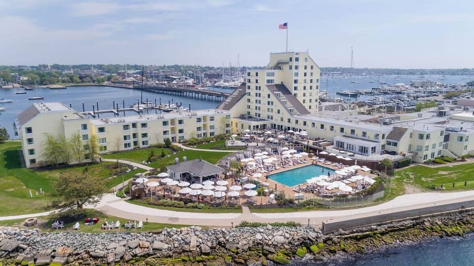 Soak up resort energy from a stunning waterfront aerial view.