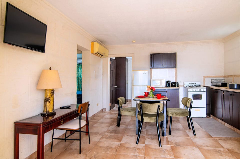 Work or relax in this well-lit space, featuring a dining area, kitchenette, and TV.