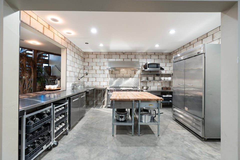 Wood block island in commercial kitchen