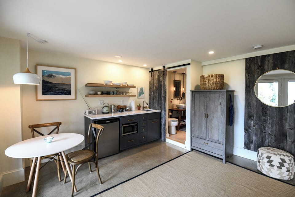 Wetbar includes mini fridge, microwave, 2 burner induction cooktop,+other basics