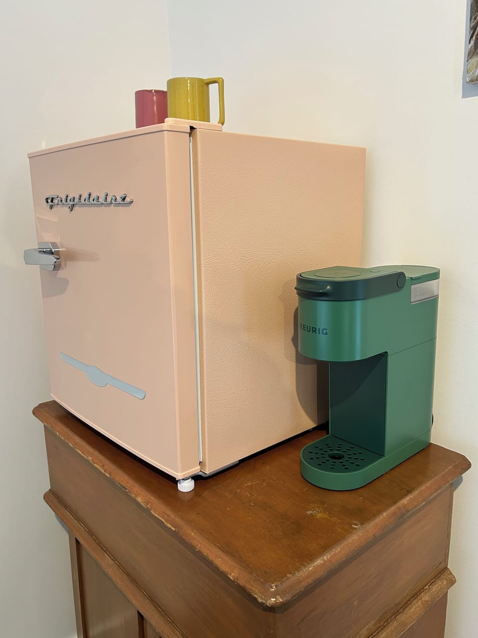 Mini fridge and Keurig coffee maker