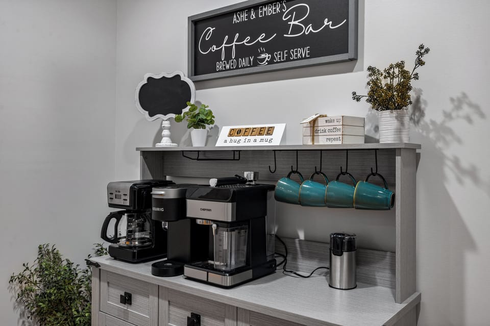 Wake up and brew your perfect cup at the fully stocked coffee bar, complete with Keurig, espresso machines & teas—your Airbnb morning ritual just got elevated!