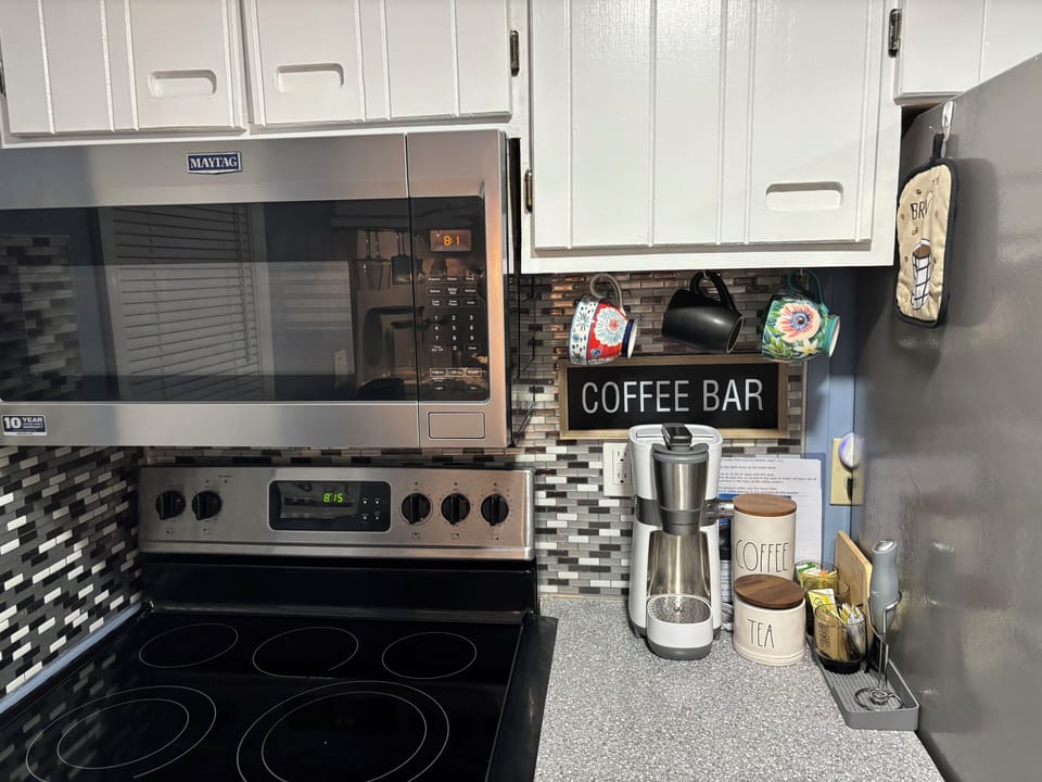 Coffee, Tea, Hot Chocolate with sweetener and creamer options. 
