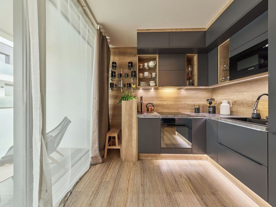 Furniture, Kitchen, Interior Design, Kitchen Appliance, Flooring, Countertop, Wall, Cabinetry, Wood, Floor
