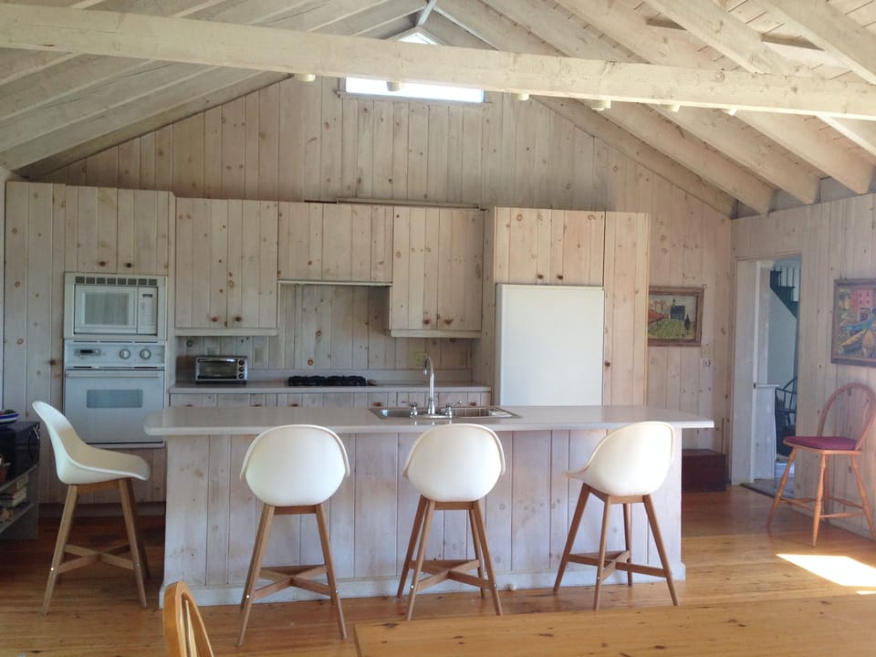 Wood-paneled, fully outfitted kitchen in the large room.