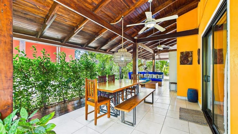 Outside dining area with fan