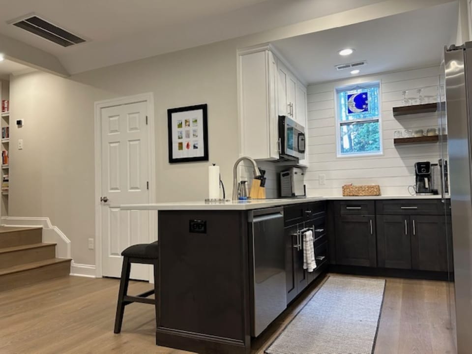 Fully stocked kitchen includes everything but a regular-sized oven. 