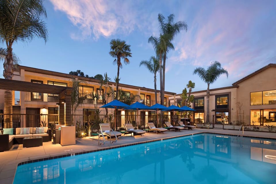 Unwind at sunset beside the sparkling palm-lined resort pool.