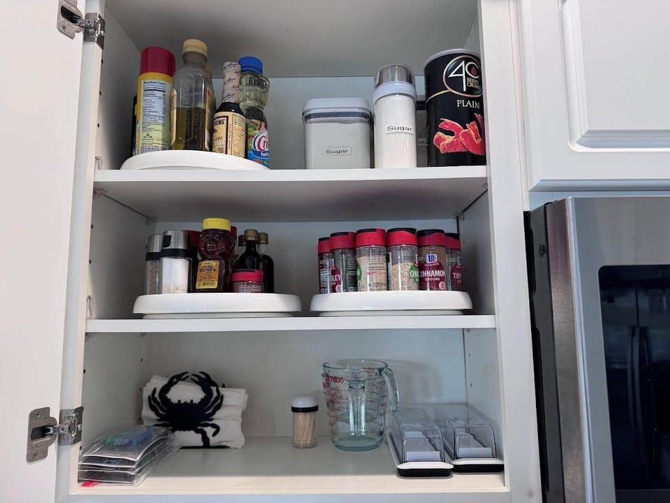 Stocked kitchen with spices and oils 