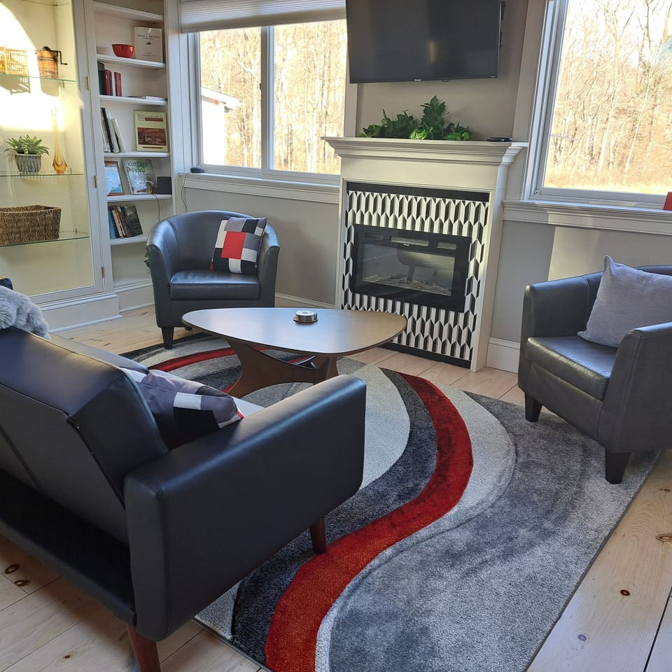 Livingroom with pull down sofa and electric fireplace.  Windows to fields.