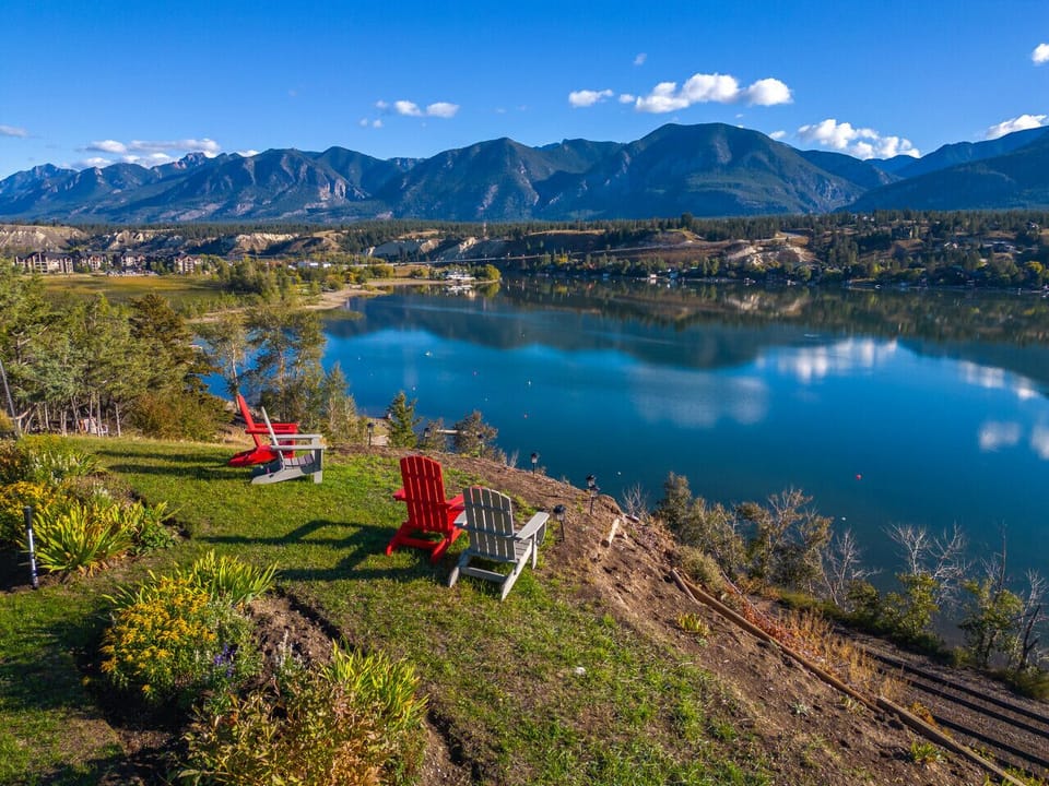Backyard feature unobstructed views of Lake Windermere and the Rocky Mountains.