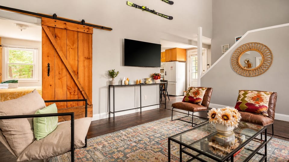 Open living space with a Smart TV and barn-door charm.