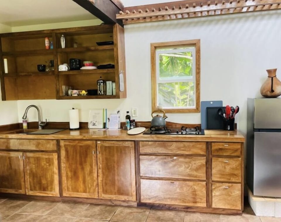Locally crafted Wood cabinets & Mango countertop all cooking essentials provided