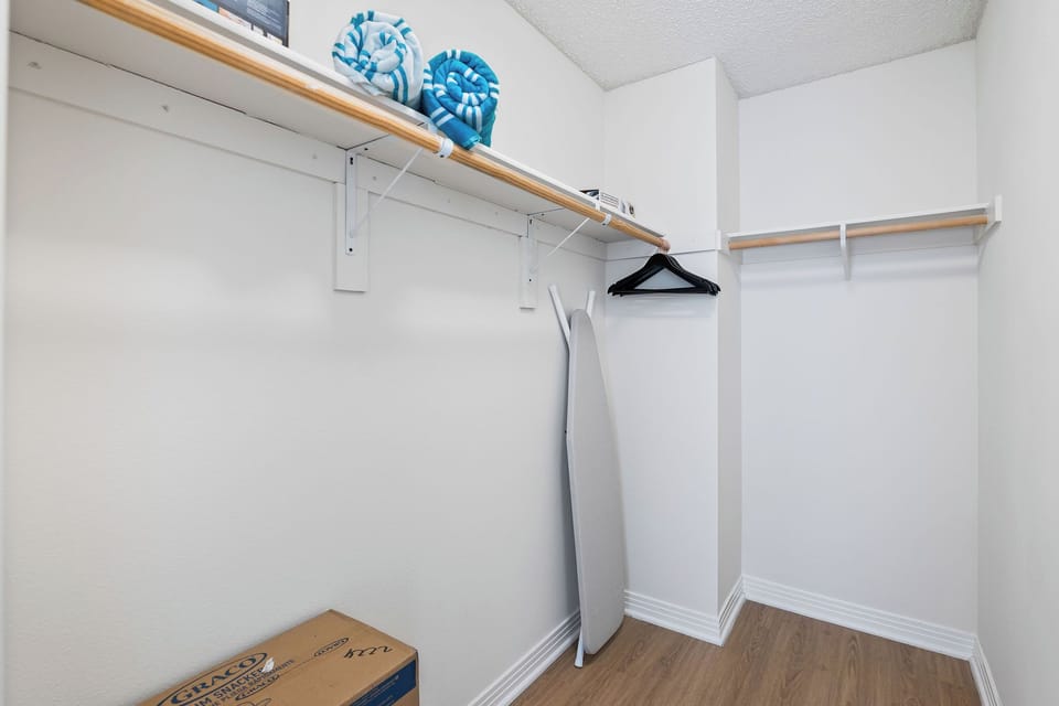Ironing board and iron included for crisp, ready-to-wear outfits.