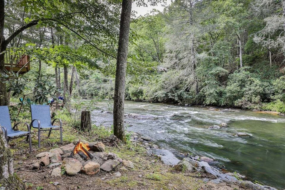 Come relax by the fire with the babbling river water