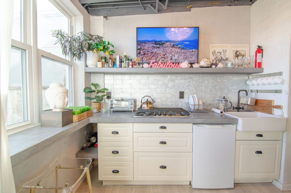 Cook in a kitchen with floral charm