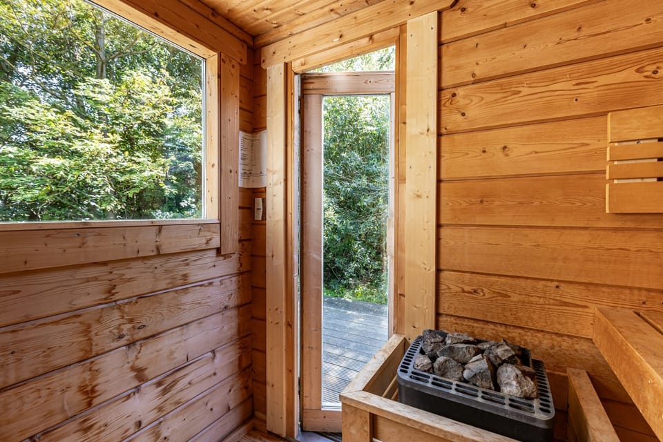 Interior View of a Sauna with Wooden Panels