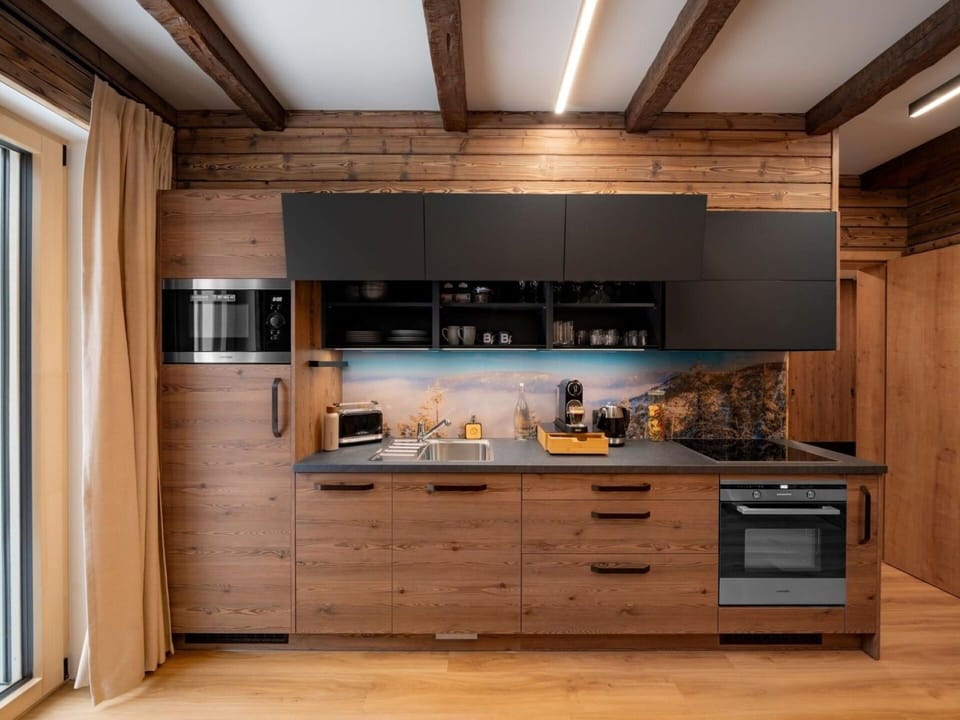 Kitchen, Furniture, Cabinetry, Interior Design, Wood, Countertop, Flooring, Kitchen Appliance, Home Appliance, Floor