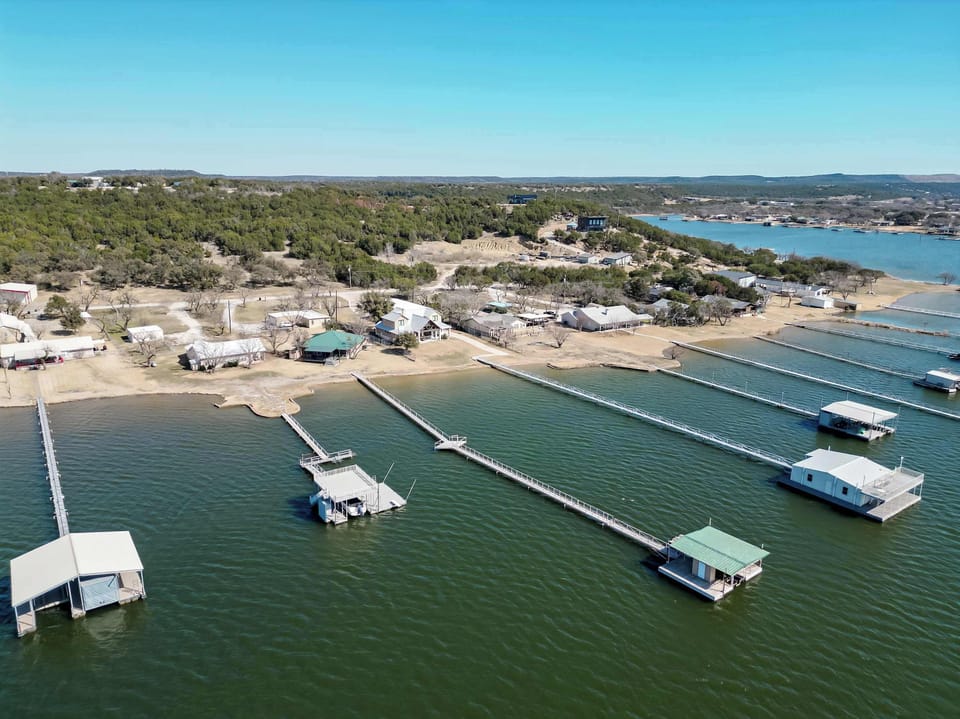 Aerial view of our dock and property, just a short boat ride from the "world-famous" Fox Hollow Resort.







