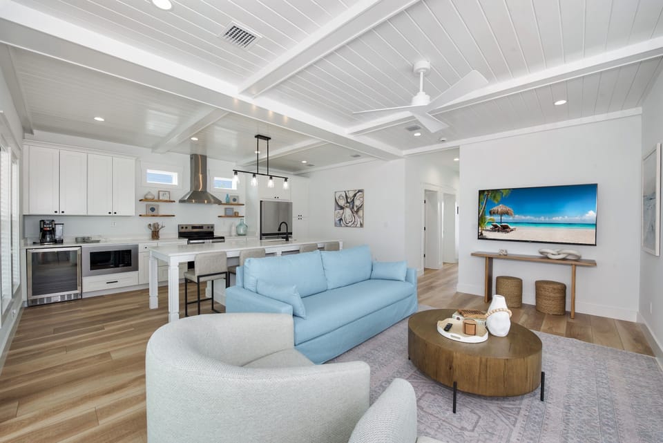 Coastal-inspired decor and an open layout