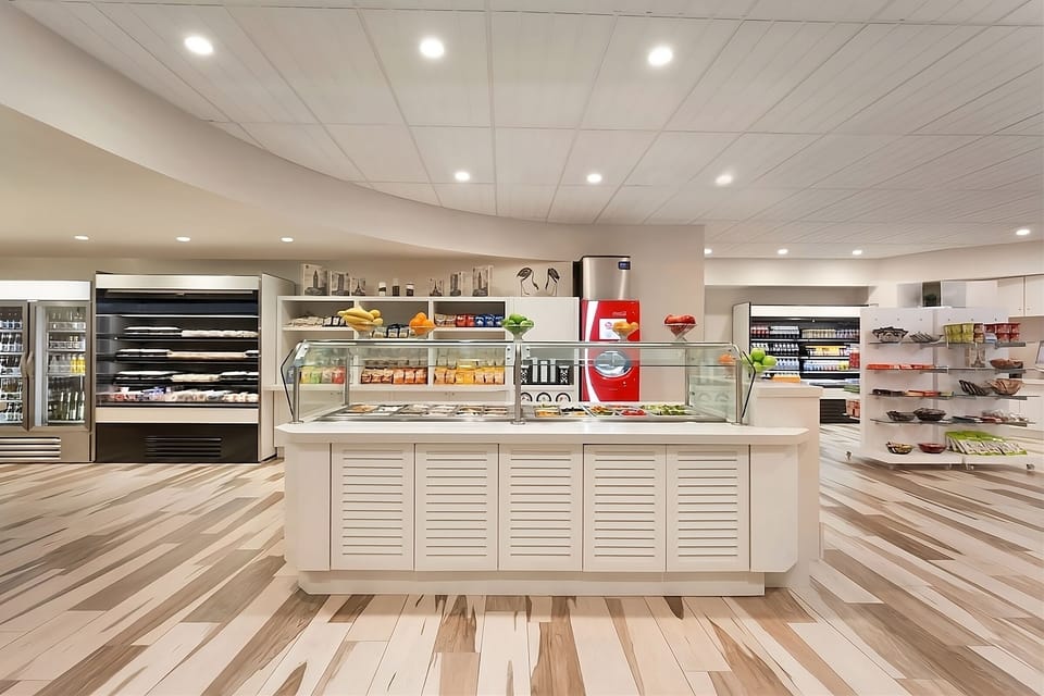 Grab fresh snacks and favorites anytime in the market-style café.
