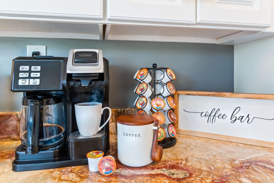 Start your day right at our fully stocked coffee station—featuring a variety of brews, a Keurig, and all the essentials for your perfect cup. 🌟