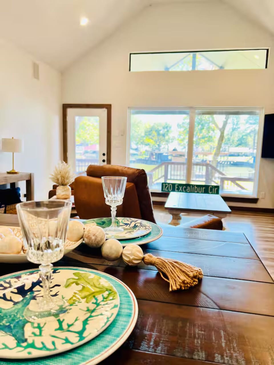 Stylish dining area with dinnerware set.