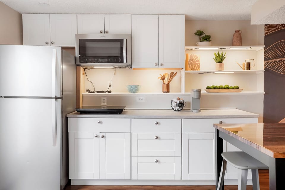 There is a heating element for cooking, microwave, full size fridge.