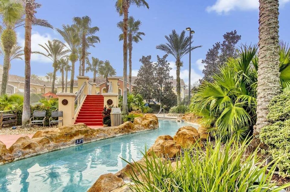 Features a heated resort pool, lazy river, and water slide, providing guests with a relaxing and enjoyable aquatic experience.