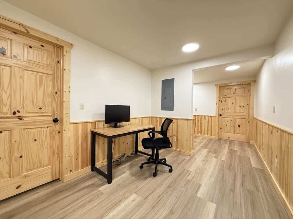 Desk area in the basement of the cabin.