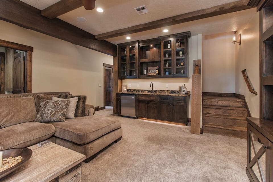 Spacious downstairs lounge—perfect for movie nights or relaxing after adventures