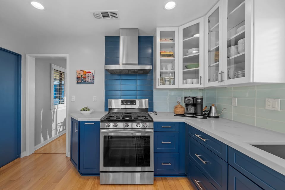 Full Kitchen | White, Prussian Blue and Light Turquoise Color Scheme