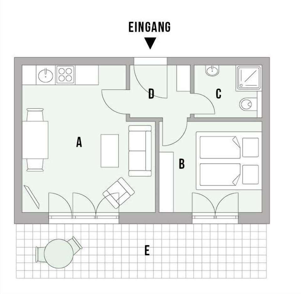 Floor plan of a holiday home featuring living and dining area, bedroom, and terrace.