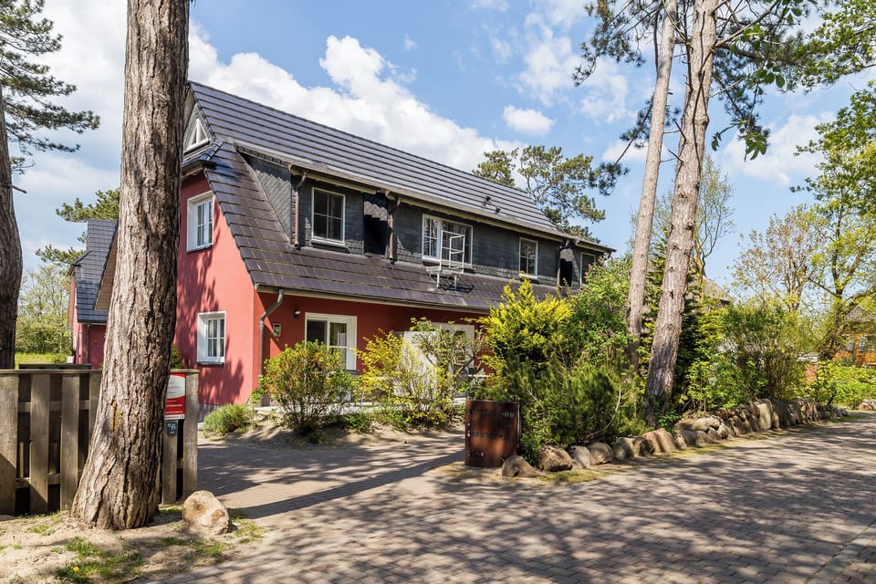 Exterior view of the holiday house surrounded by greenery.