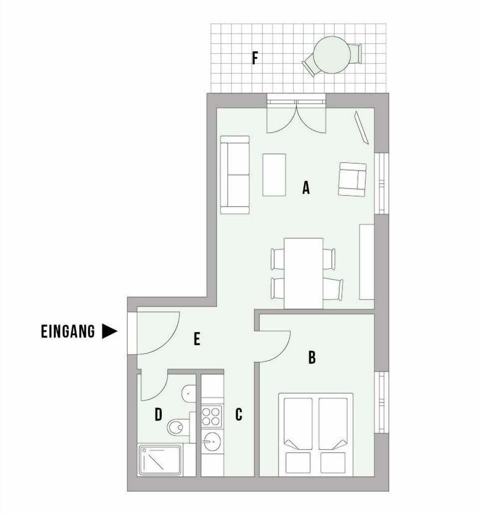 Floor plan of a holiday home with bedroom and bathroom
