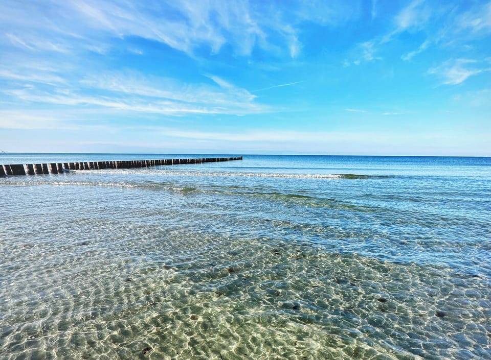 Sandy beach with wooden posts in the water